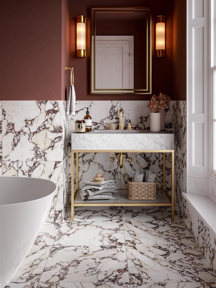 Burgundy bathroom with calacatta viola marble porcelain tiles